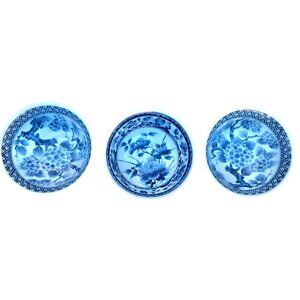 Set Of 3 Blue & White Floral Porcelain Bowls 4.5-Inch Diameter Vintage Asian